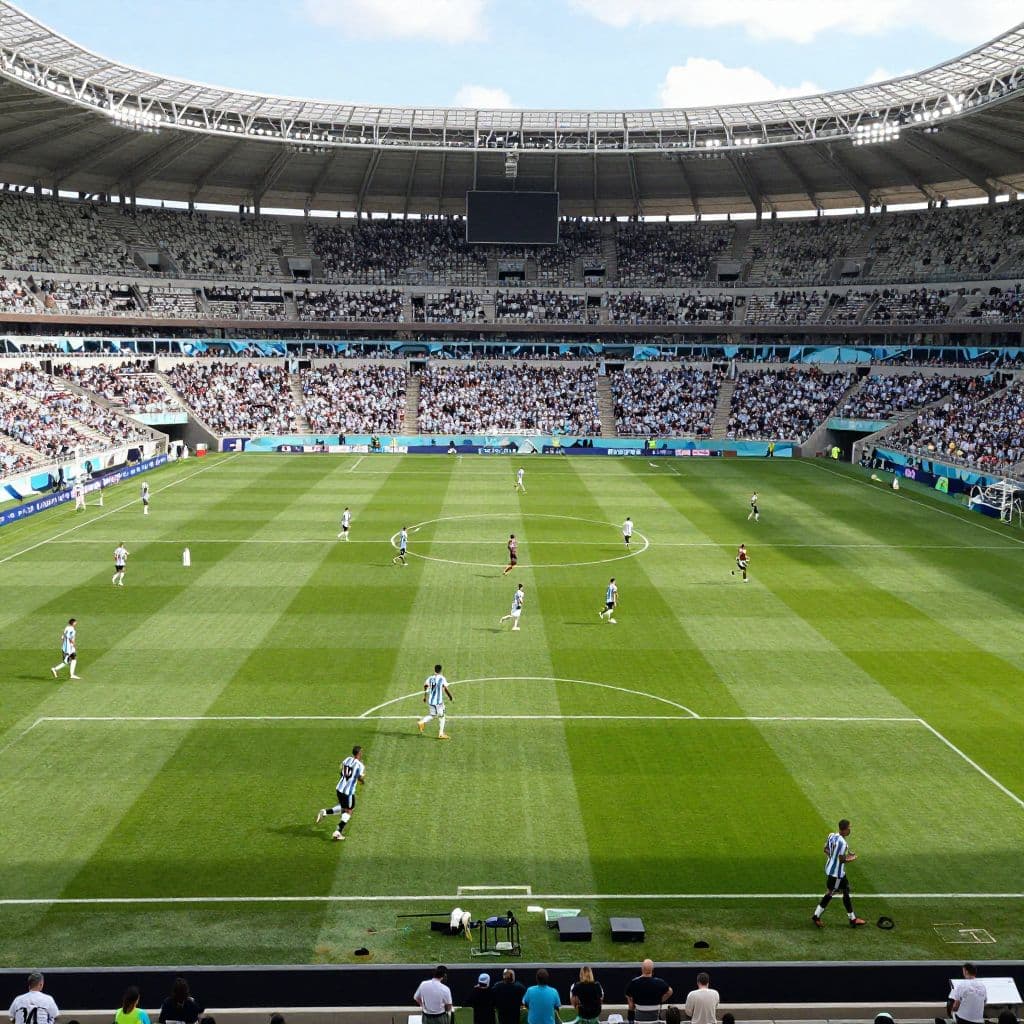 Players dressed in light blue and white jerseys run across a vibrant green pitch during a sunny professional match. The expansive stadium seating remains filled with spectators under clear skies.