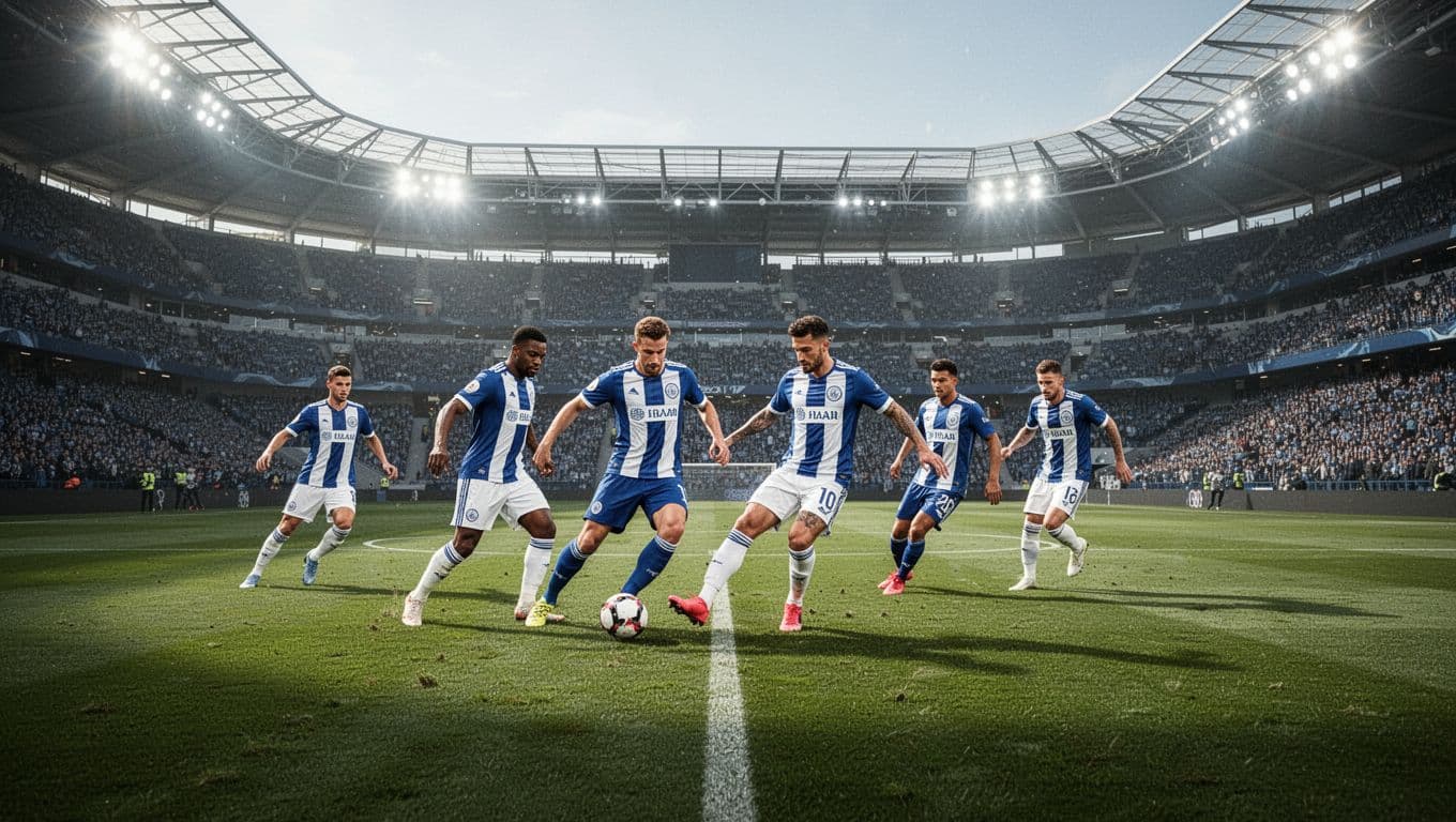 Players in blue and white jerseys maneuver the ball across a vibrant green pitch within a massive modern arena. Intense stadium lighting illuminates the coordinated team formation during an active game.