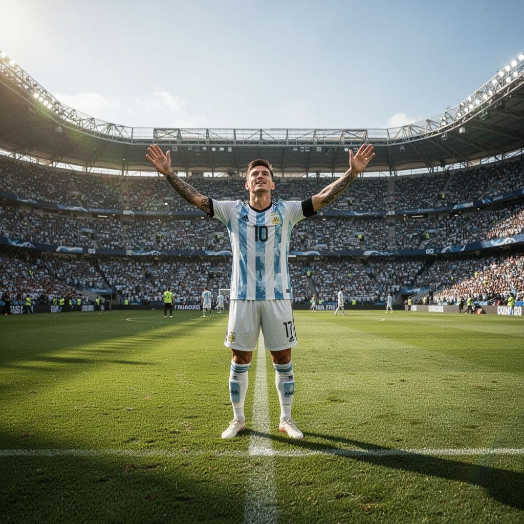 A focused football player stands on a vibrant green field under bright sunlight inside a massive stadium. The wide composition highlights his triumphant posture as he celebrates a decisive tournament win.