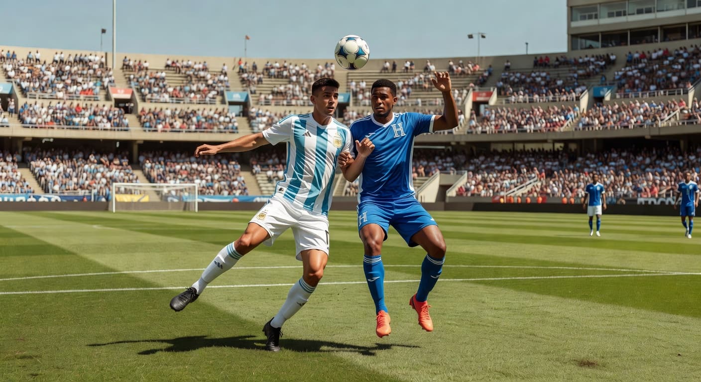 Two athletes in matching blue and white striped jerseys sprint across a vibrant green pitch. The vast stadium bleachers remain visible under bright daylight during this intense midfield ball contest.