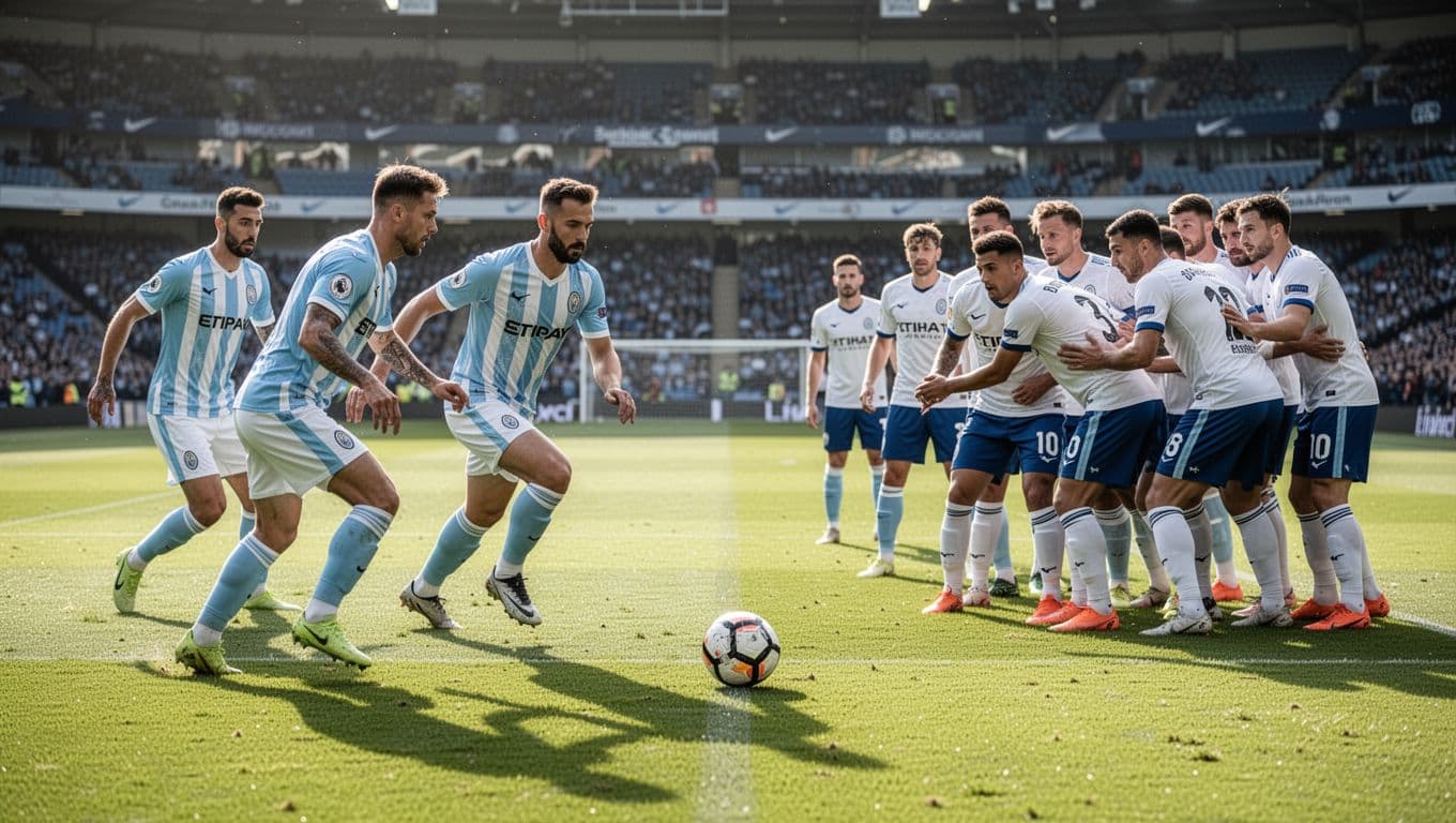 Argentina players in iconic striped jerseys maneuver the ball toward a compact defensive line of white-clad Honduras defenders. The sunlit pitch highlights intense positioning and tactical movement during a high-stakes match.