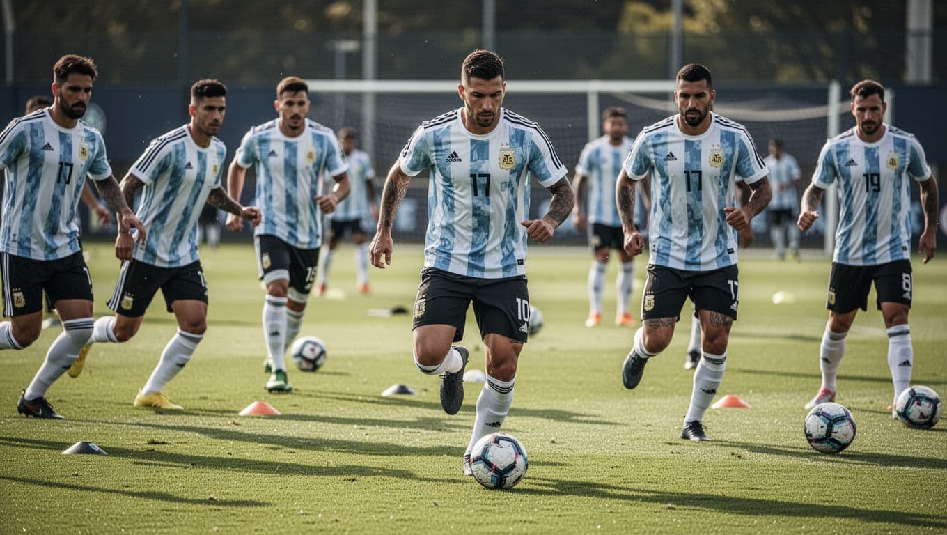 Athletes in light blue and white training jerseys sprint across a vibrant green grass pitch. The composition emphasizes their focused expressions and athletic intensity during an outdoor afternoon practice session.