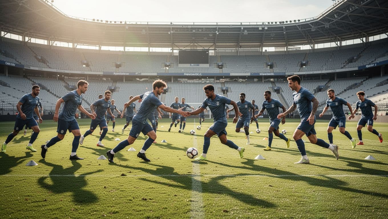 Players in blue and white striped jerseys practice drills on a bright grass field. Experienced veterans and youthful prospects demonstrate fluid movement during this intense preparation for an upcoming international match.