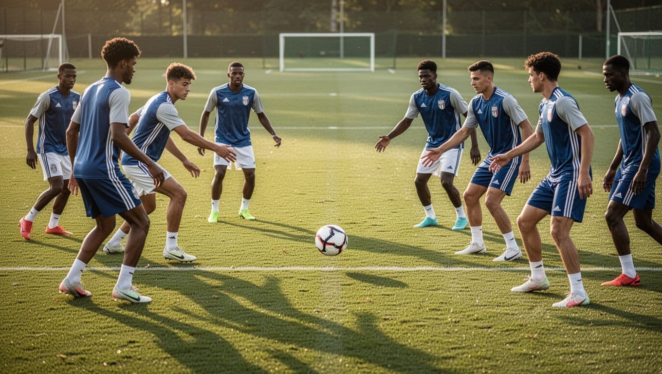 Young and veteran football players practice drills on a lush green grass pitch during a warm golden sunset. A lone soccer ball rests in the center, highlighting collaborative team strategy sessions.