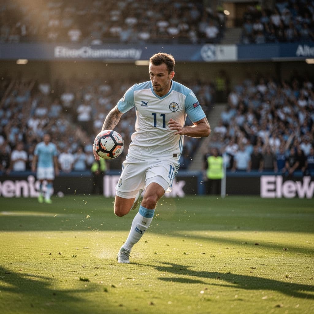 A soccer player wearing the light blue and white national jersey sprints across a vibrant green field. In the background, a massive stadium stands tall under the bright afternoon sunshine.