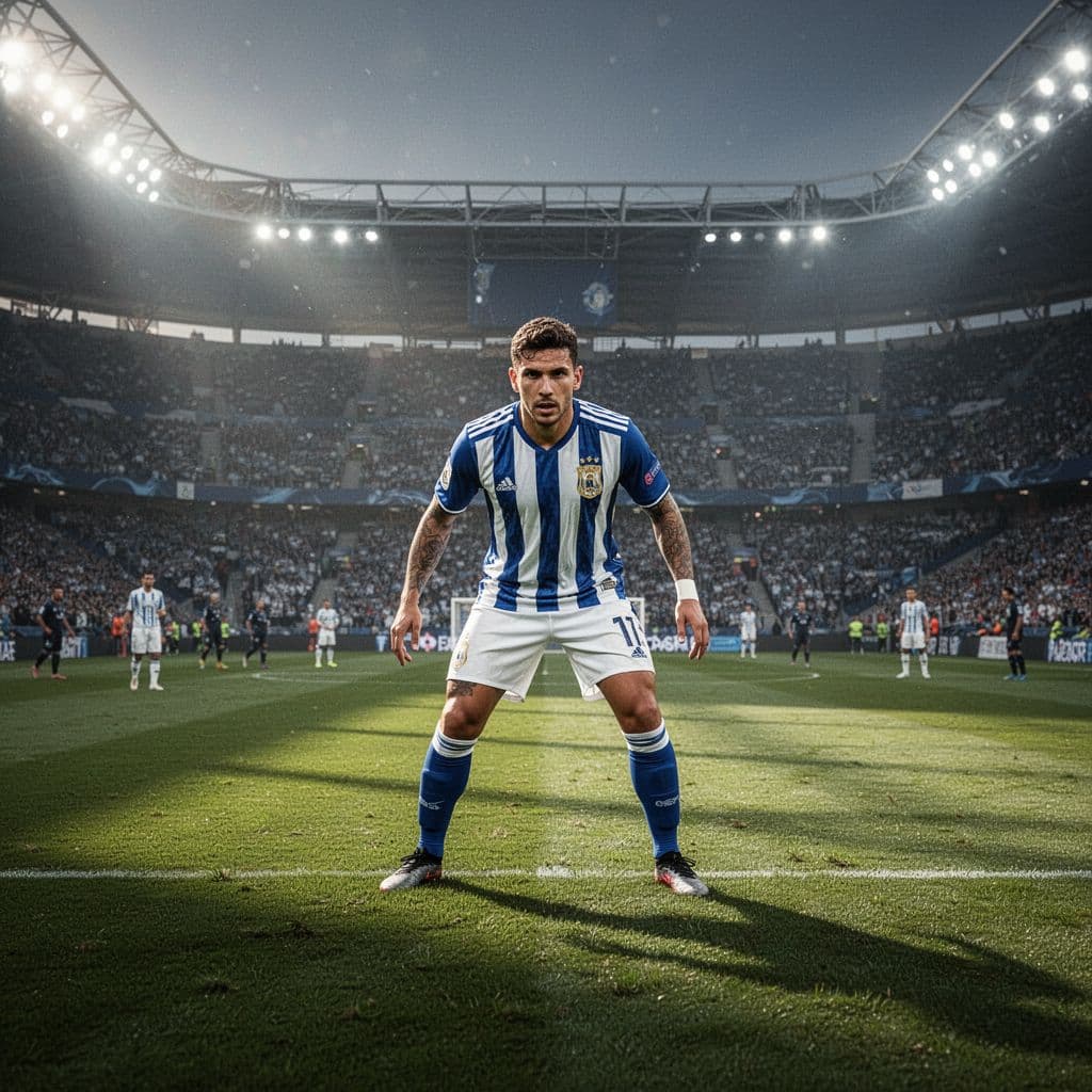 A professional athlete wearing the blue and white Argentina kit stands on a vibrant green stadium pitch. The scene captures a focused, intense moment under bright overhead floodlights during competition.