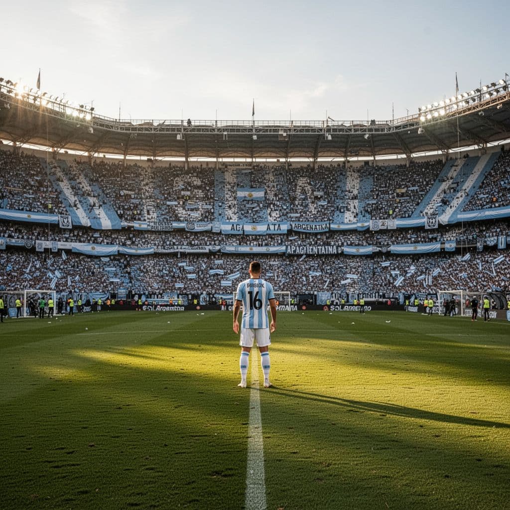 A lone soccer player stands on a vibrant green field inside a packed Argentine stadium during sunset.