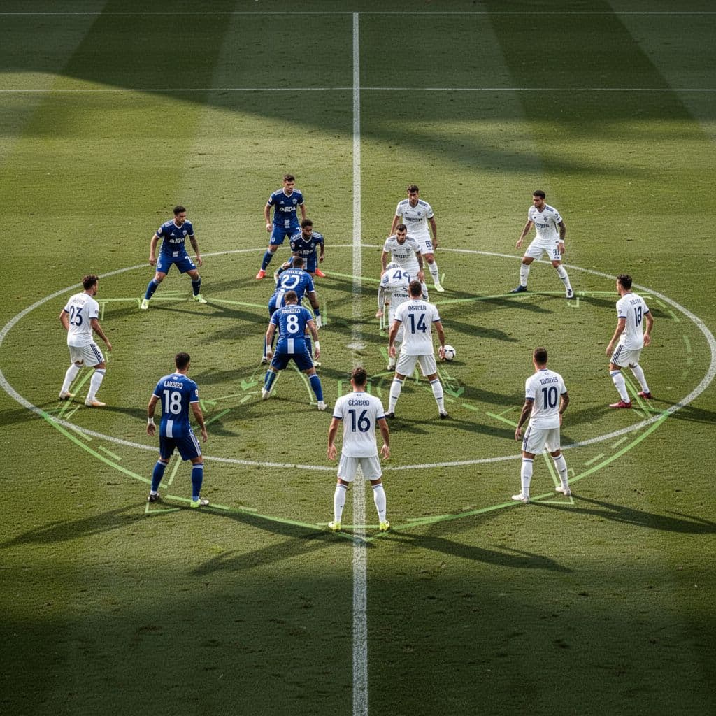 Argentina players in blue and white striped jerseys organize an aggressive offensive play against Honduras defenders. The white-clad opposition maintains a rigid, compact formation across the center of the grass field.