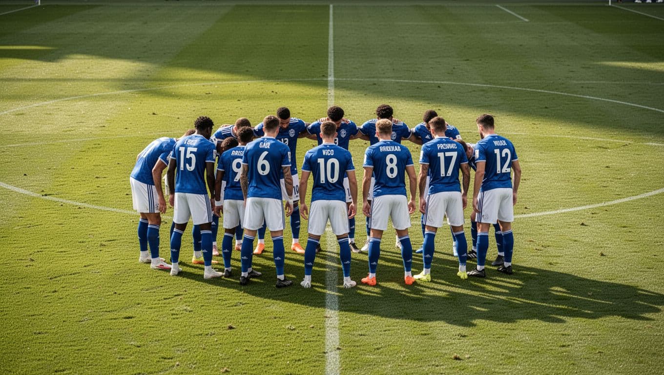 Players dressed in blue and white jerseys maintain a compact defensive line across a vibrant green pitch. This organized unit moves in perfect synchronicity to block opponents during a bright daytime match.