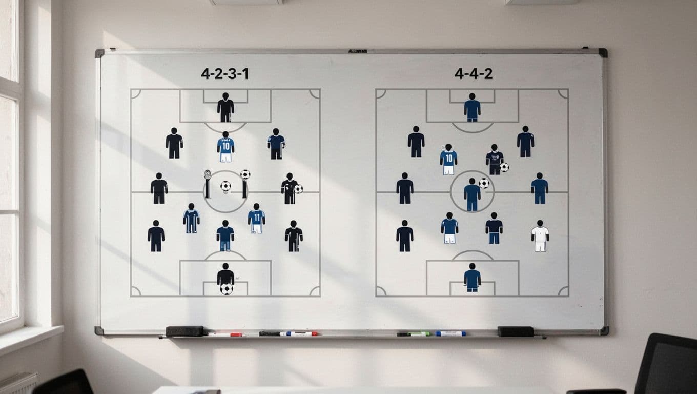 Split-screen overhead view of tactical whiteboard in coaching room showing Arsenal 4-2-3-1 and Atletico Madrid 4-4-2 formations with simple player icons.
