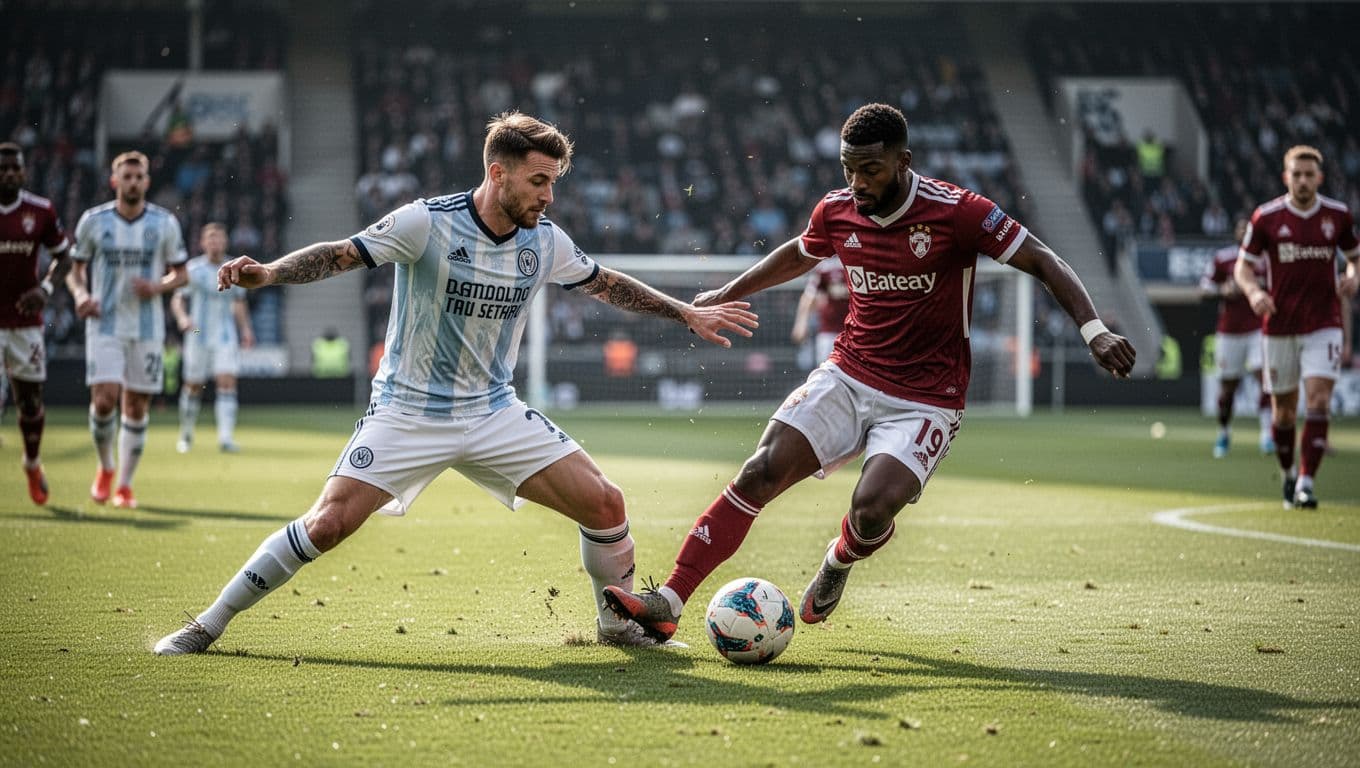 Declan Rice tackles Atletico player as Bukayo Saka dribbles on wing in stadium.