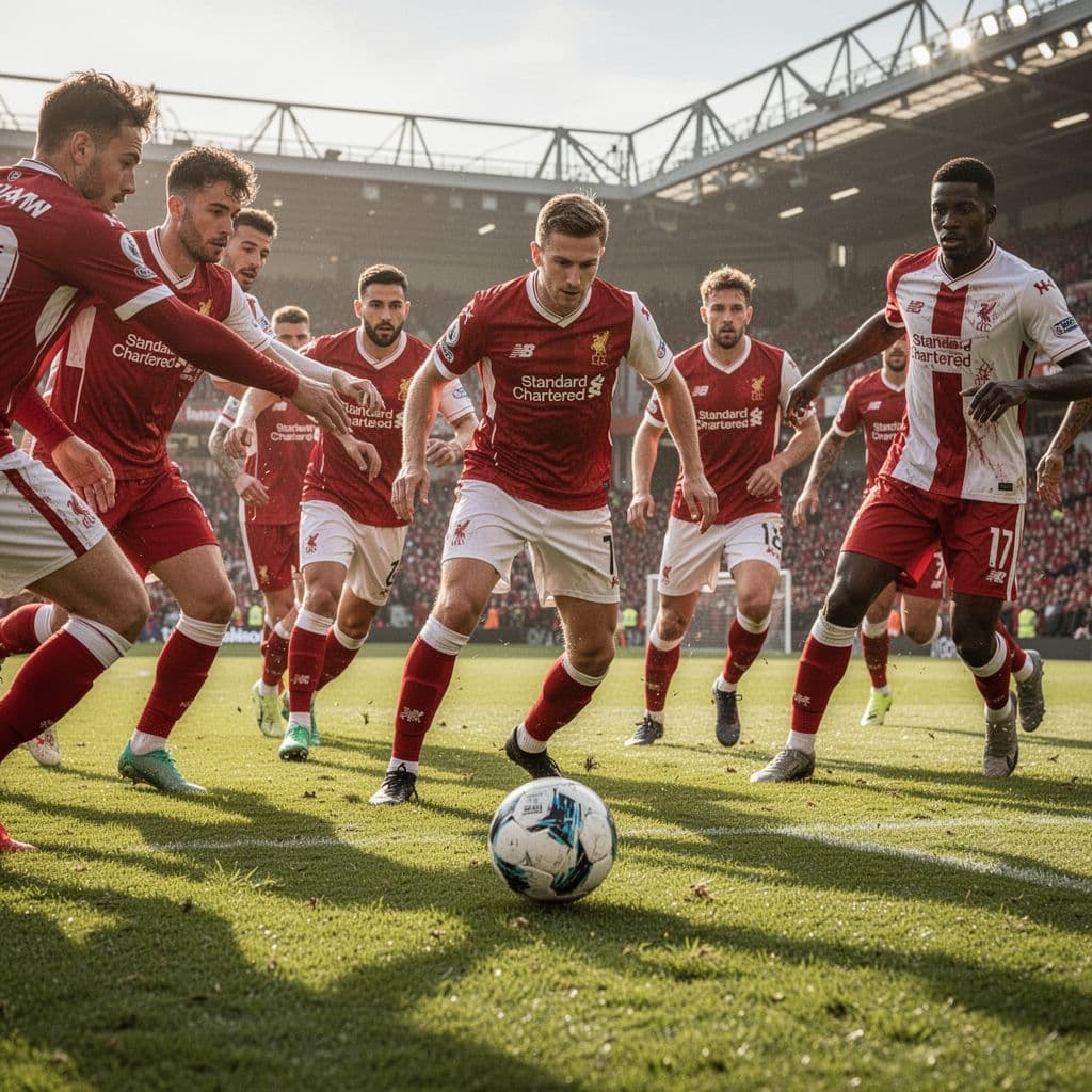 Arsenal players in red and white jerseys advance the ball across a sunny football pitch.