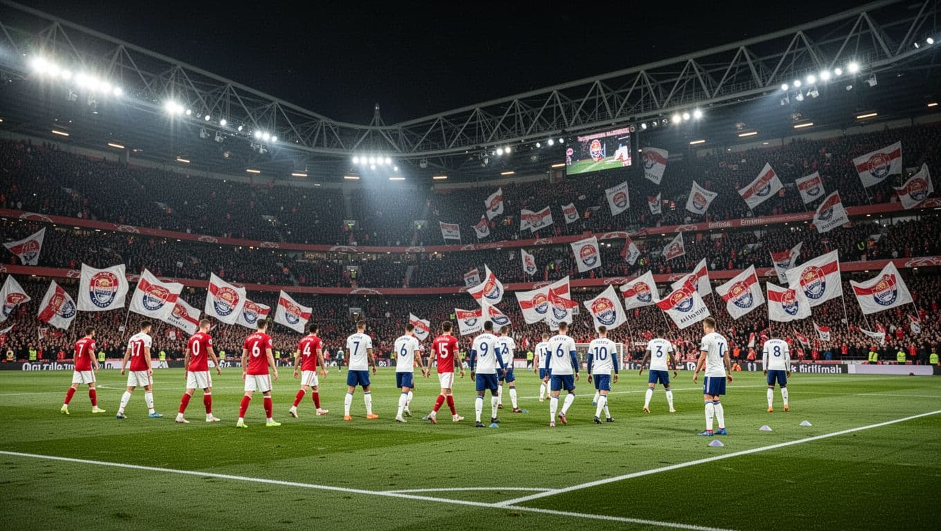Emirates Stadium packed with Arsenal fans waving red and white flags under night lights, Atletico Madrid players warming up on pitch.