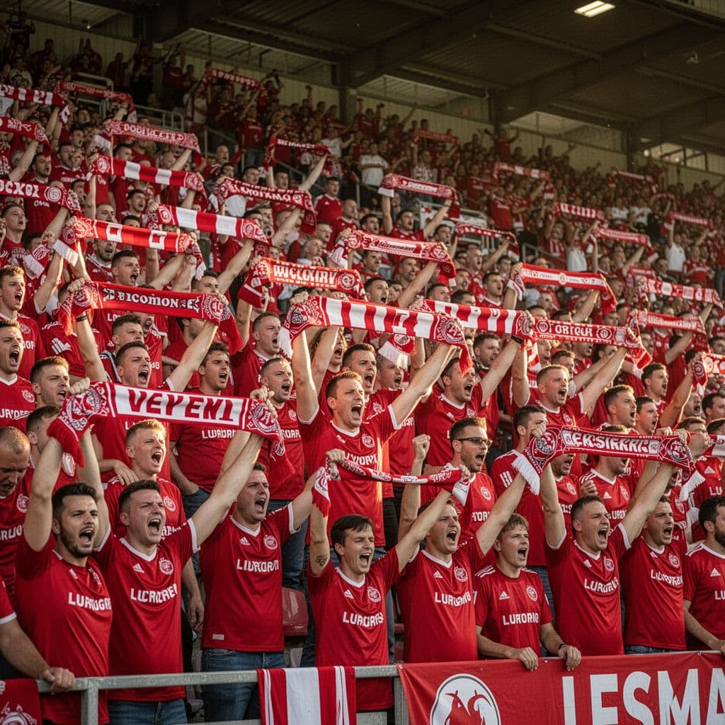 A dense crowd of Arsenal supporters in red kits fill the stadium stands during an afternoon match.