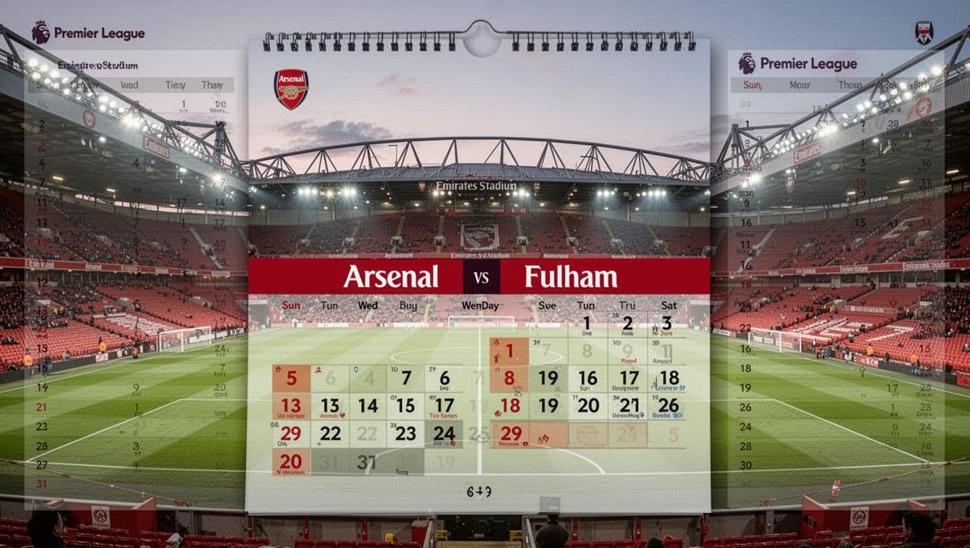 Calendar infographic shows Arsenal vs Fulham match on 2 Mei 2026 at Emirates Stadium with league table, green pitch, and evening lights.