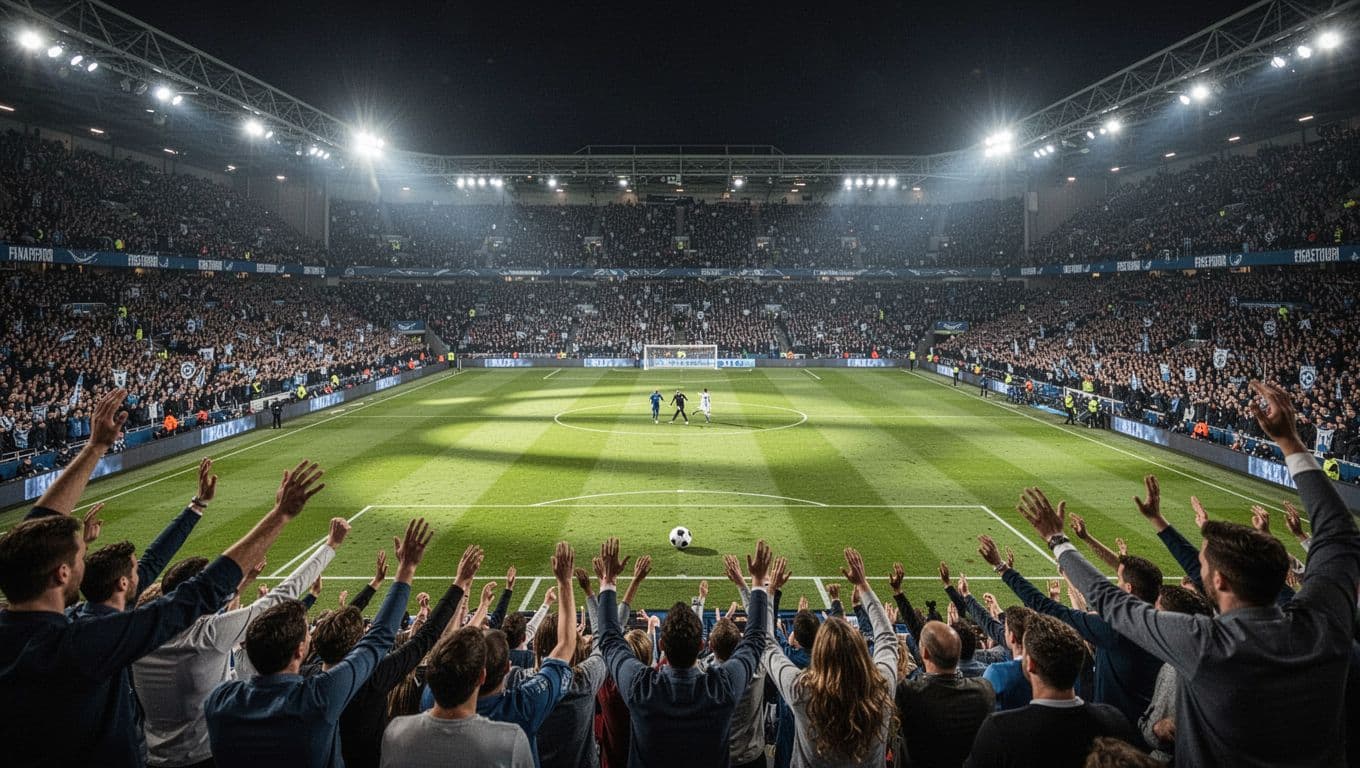 Arsenal fans cheer from stands at brightly lit Emirates Stadium during tense night match against Fulham, green pitch with central ball and two distant players.