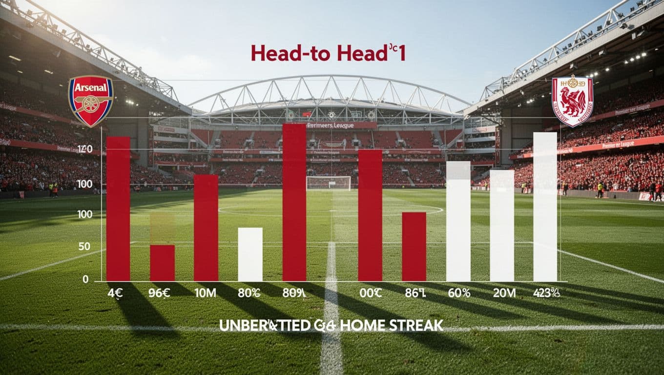 Infographic chart shows Arsenal vs Fulham head-to-head wins, draws, home record, and goals on green pitch with distant Emirates Stadium.