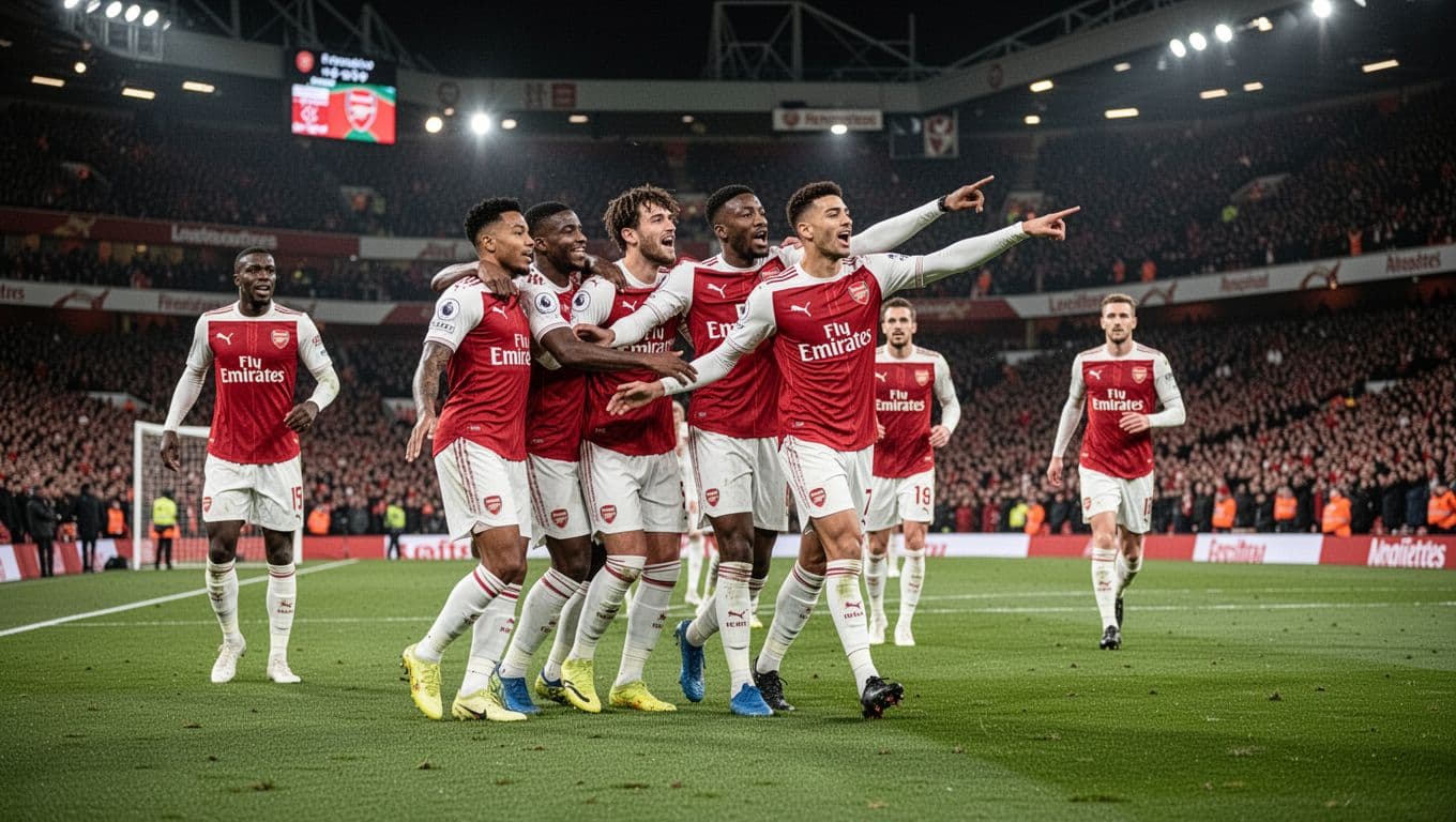 Arsenal players in red-white kits celebrate goal on green pitch in packed night stadium, one pointing to crowd.