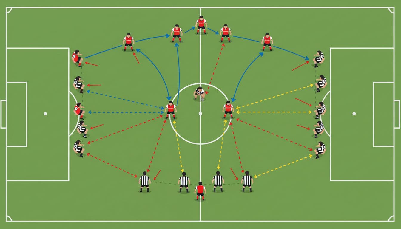 Top-view soccer pitch diagram with Arsenal in possession pressing high against compact Newcastle defense, arrows showing passing lanes.