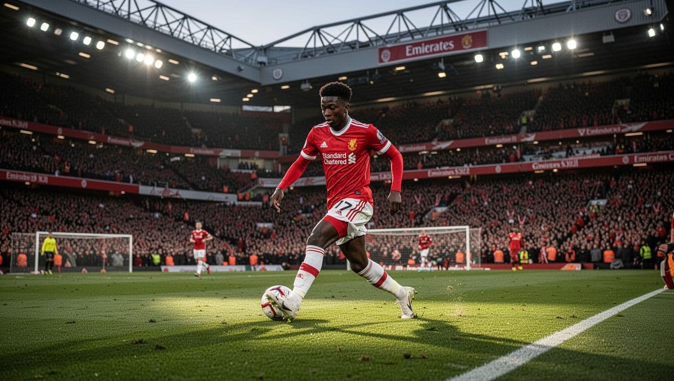 Saka dribbles on wing, Odegaard passes centrally, Rice tackles in midfield at packed Emirates Stadium under evening lights.