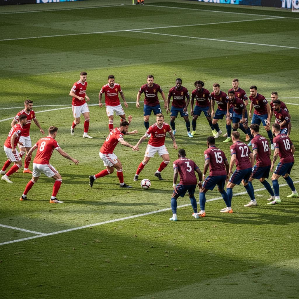 Arsenal players in red and white kits pass the ball against a deep defensive block of Burnley players.