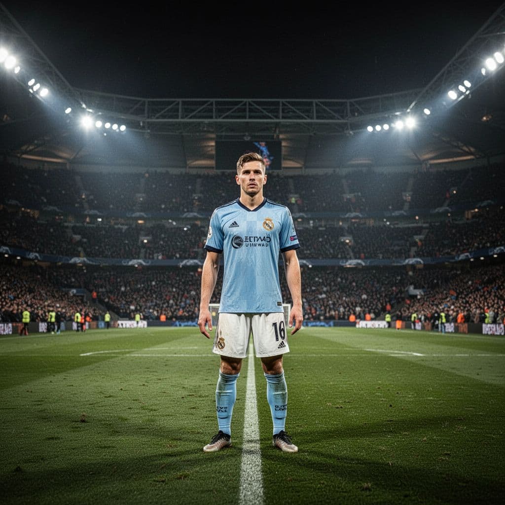 A composed midfielder wearing a red Arsenal jersey stands on the vibrant green grass of a massive, illuminated stadium. Stadium lights create deep shadows behind the player during a competitive match.