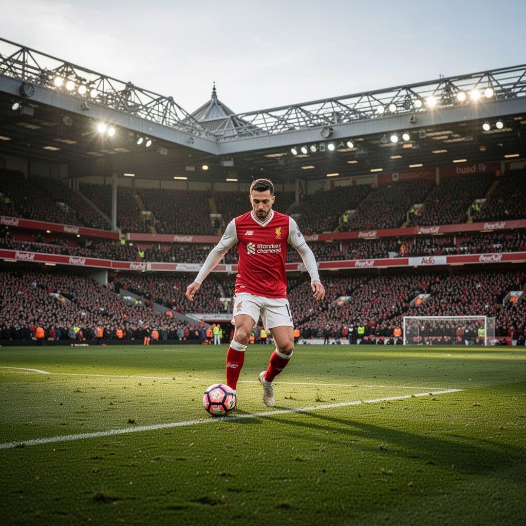 A focused professional soccer player in red and white kit demonstrates ball control at Selhurst Park.