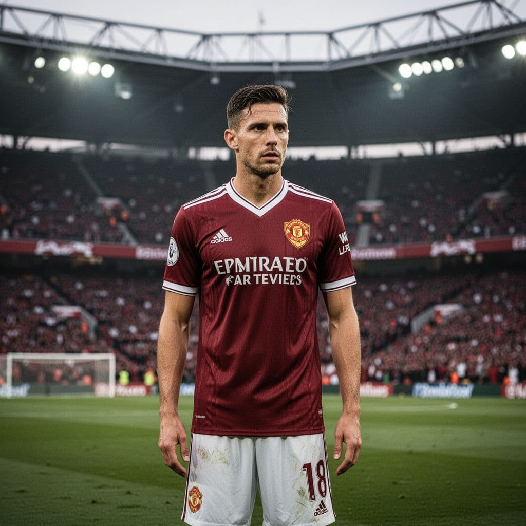 A professional soccer player in a red kit stands poised on the pitch at a stadium.