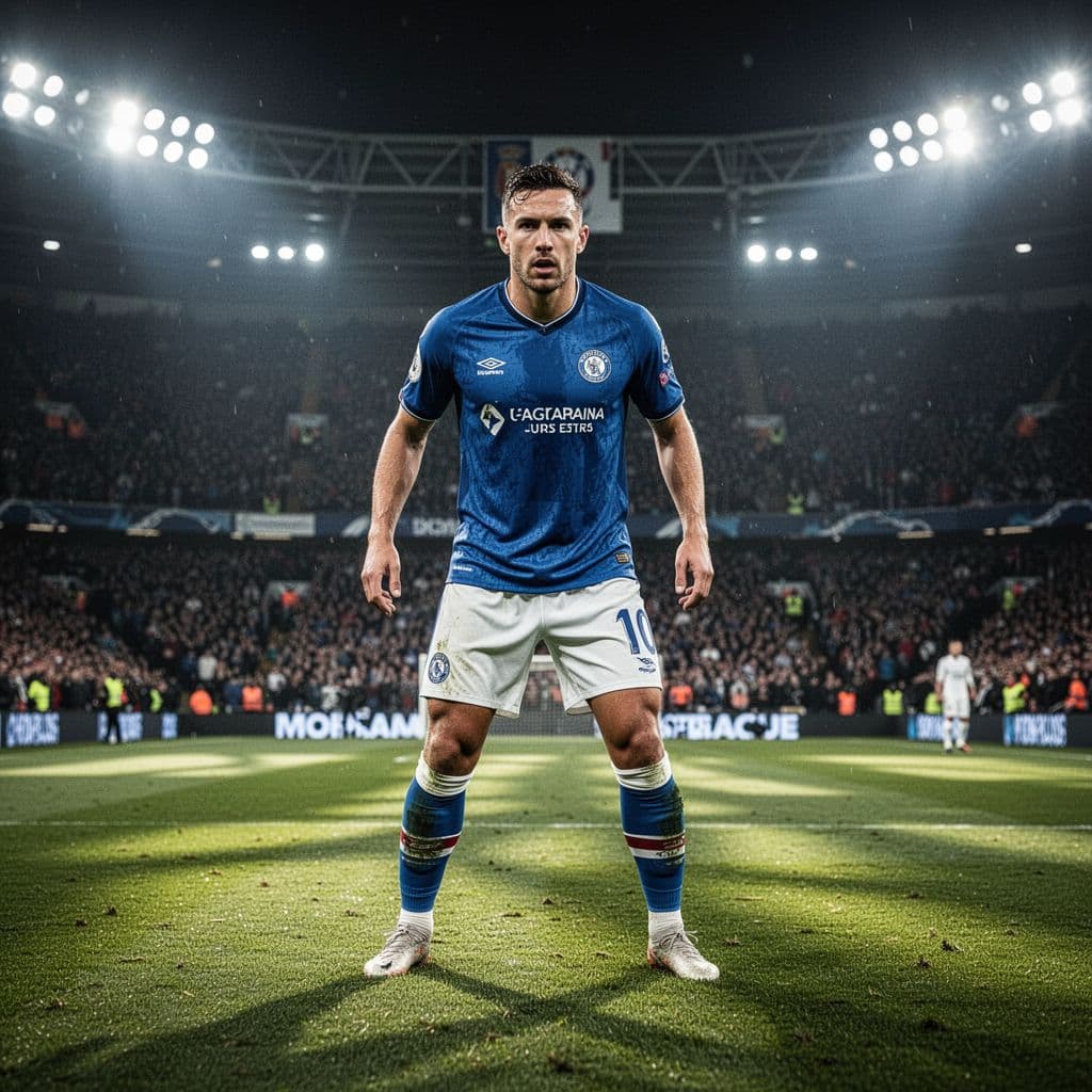 A focused Arsenal player stands on the pitch under bright stadium lights during a professional league match.