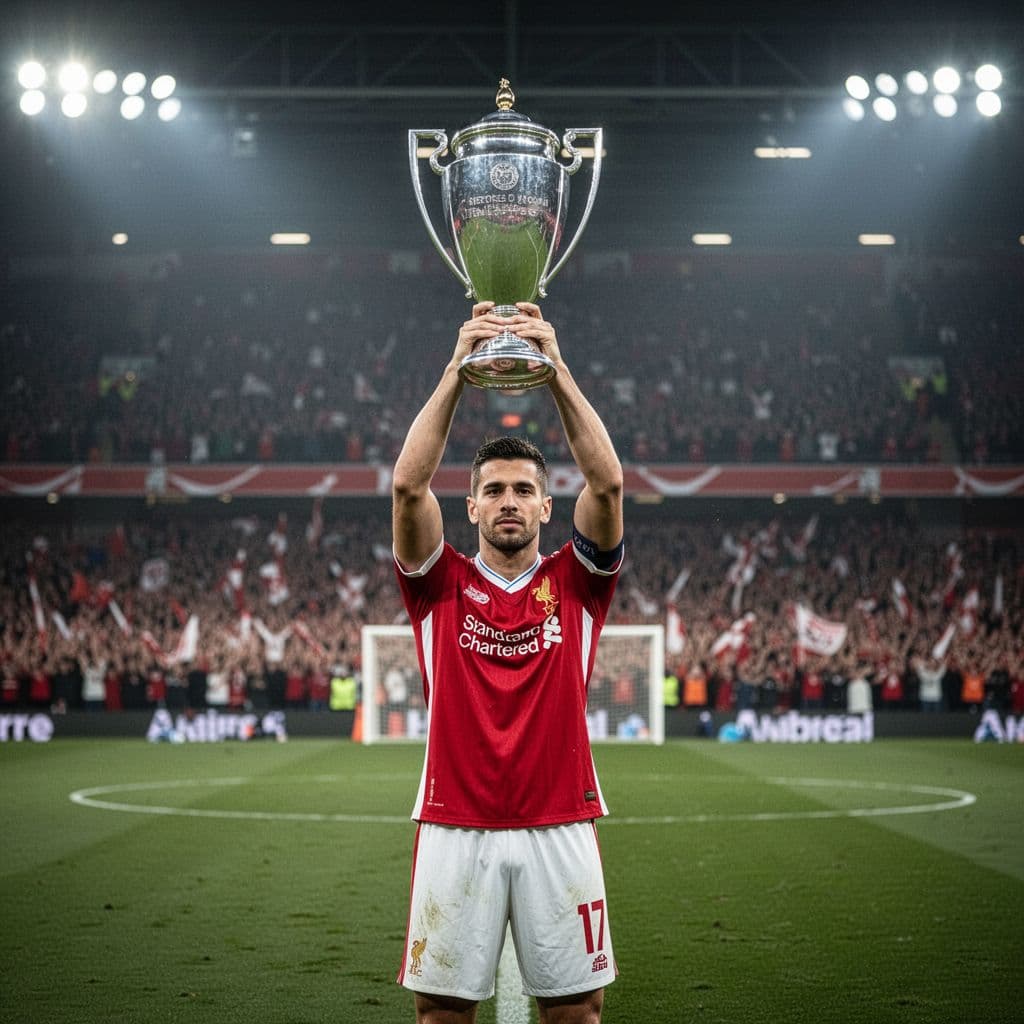 A football player in a red and white kit holds the silver Premier League trophy aloft on the pitch.
