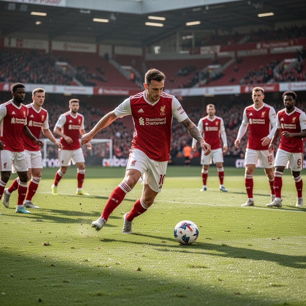 A football player in a red and white kit performs a precise pass on a stadium pitch.