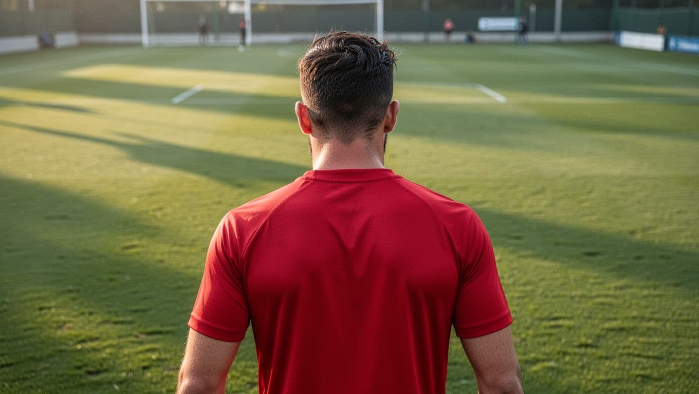 A football player in a red jersey trains on a well-maintained green pitch during morning light.
