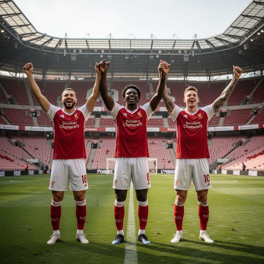 Three professional football players in red and white jerseys celebrate a goal on the grass pitch.