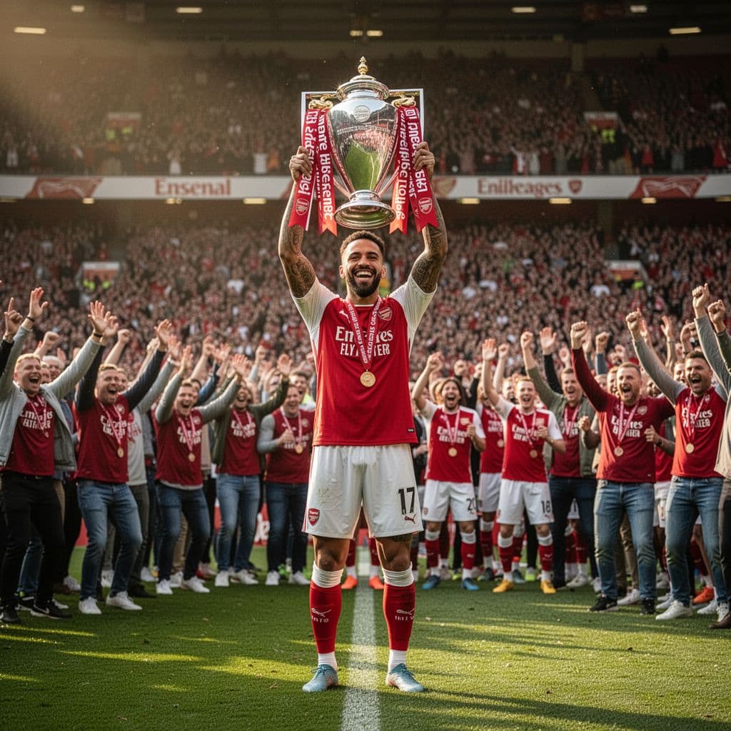 Arsenal players celebrate with the Premier League trophy on the crowded Emirates Stadium pitch during sunset.