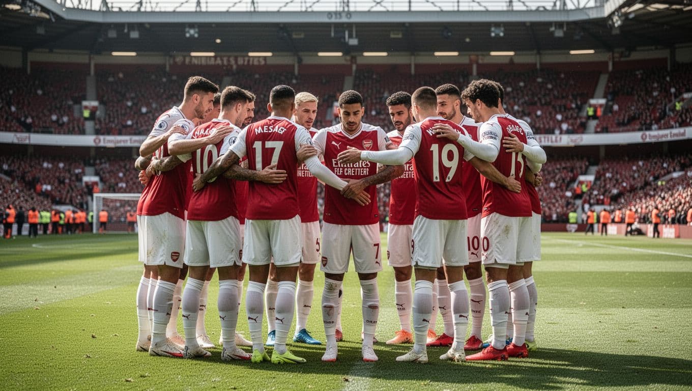 Sebelas pemain Arsenal berpelukan rapat saat pemanasan di Emirates Stadium.