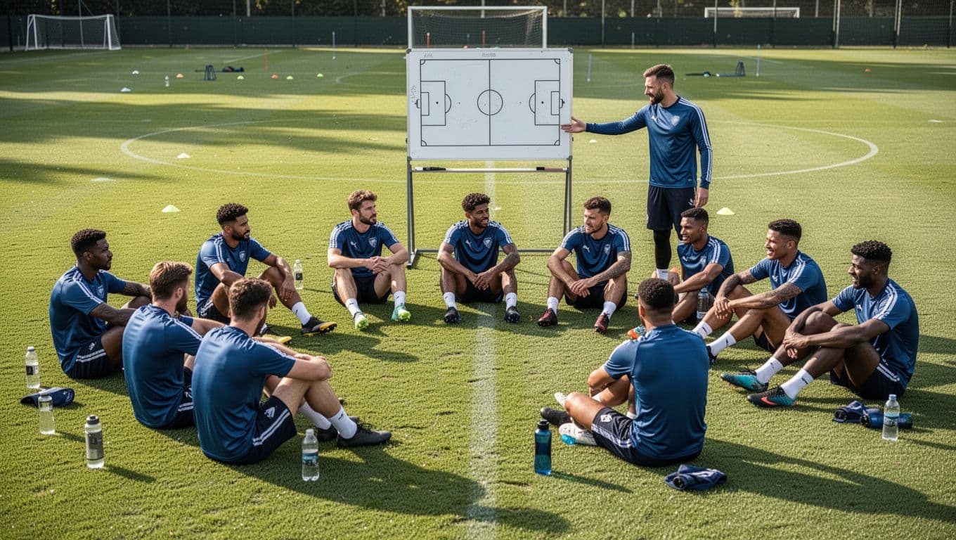 Twelve Arsenal players in kits rest and stretch on green field at London Colney, water bottles nearby, coach points to tactics board.