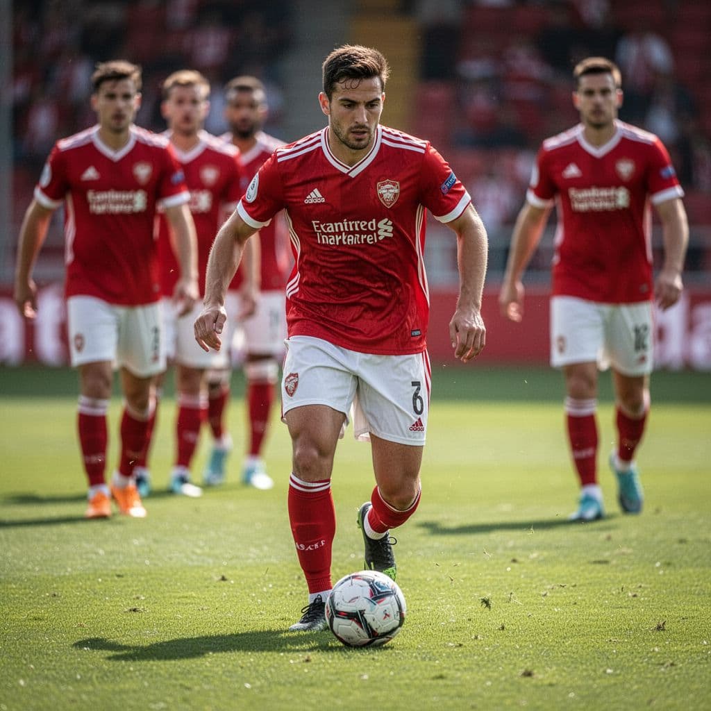 A professional football player in a red and white jersey stands in focus on a training pitch.