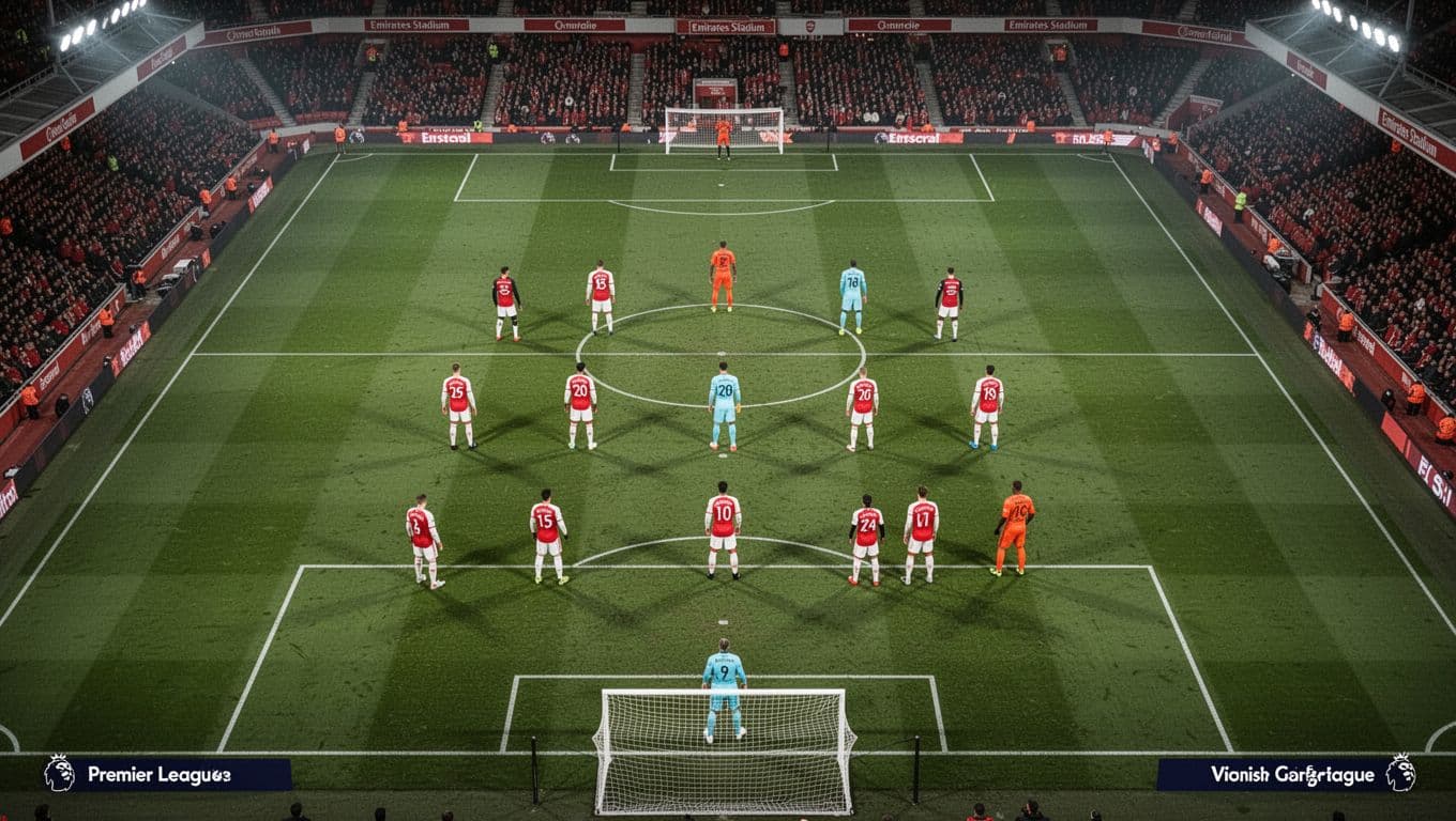 Overhead infographic of Arsenal's predicted 4-2-3-1 lineup on green Emirates Stadium pitch under evening lights.