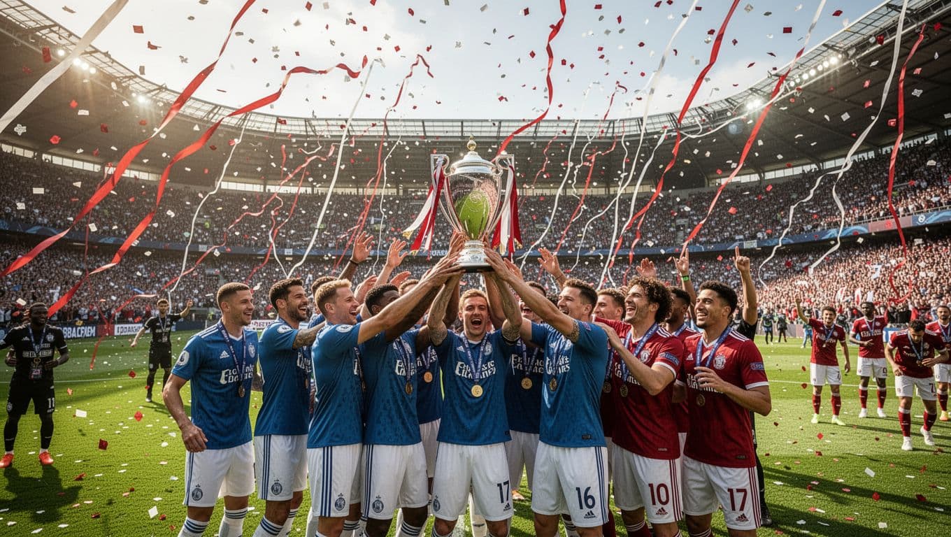 Arsenal players celebrate with the Premier League trophy amidst falling confetti at Emirates Stadium.