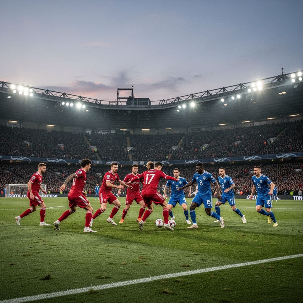 Arsenal players press the Crystal Palace defense during a high-stakes match under evening stadium lights.