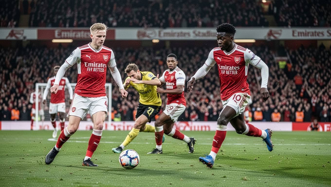 Saka dribbles wing, Odegaard controls midfield, Rice tackles on green pitch at packed Emirates Stadium under evening lights.