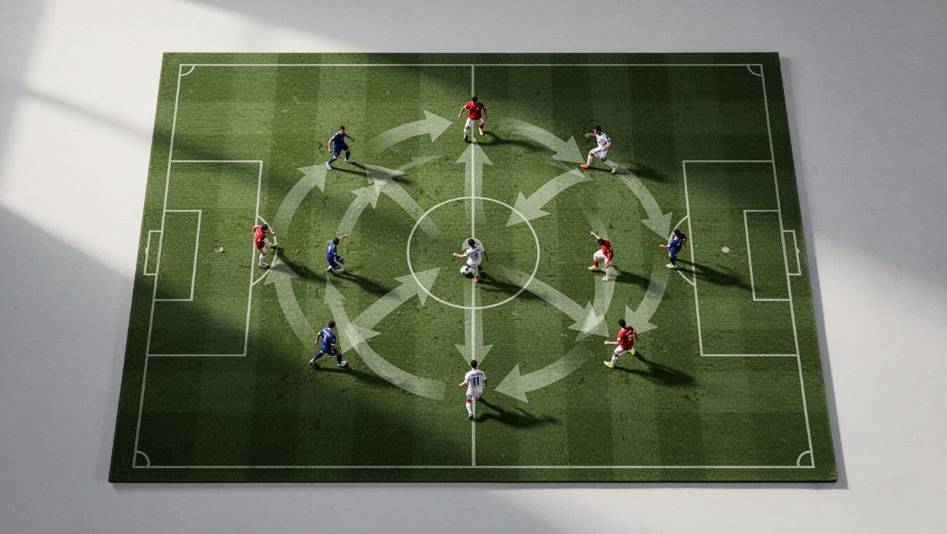 A digital tactical board displays an overhead view of a soccer field with movement arrows and player positions.