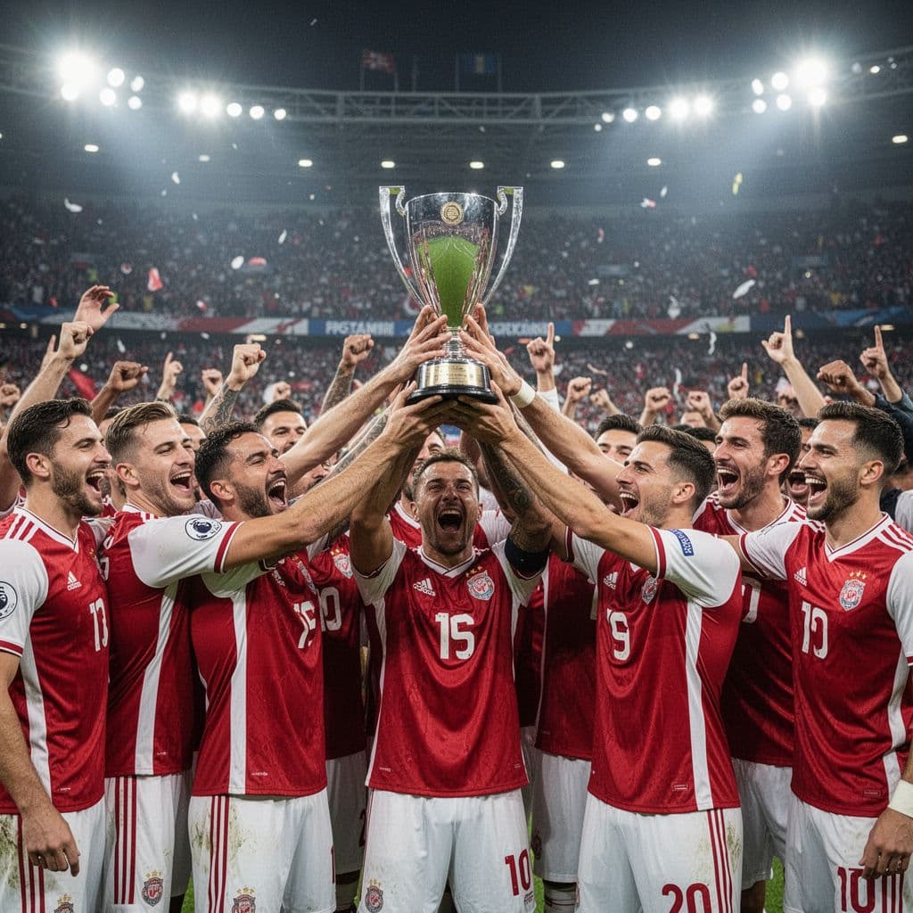 A soccer team in red and white jerseys lifts a trophy during a stadium celebration.