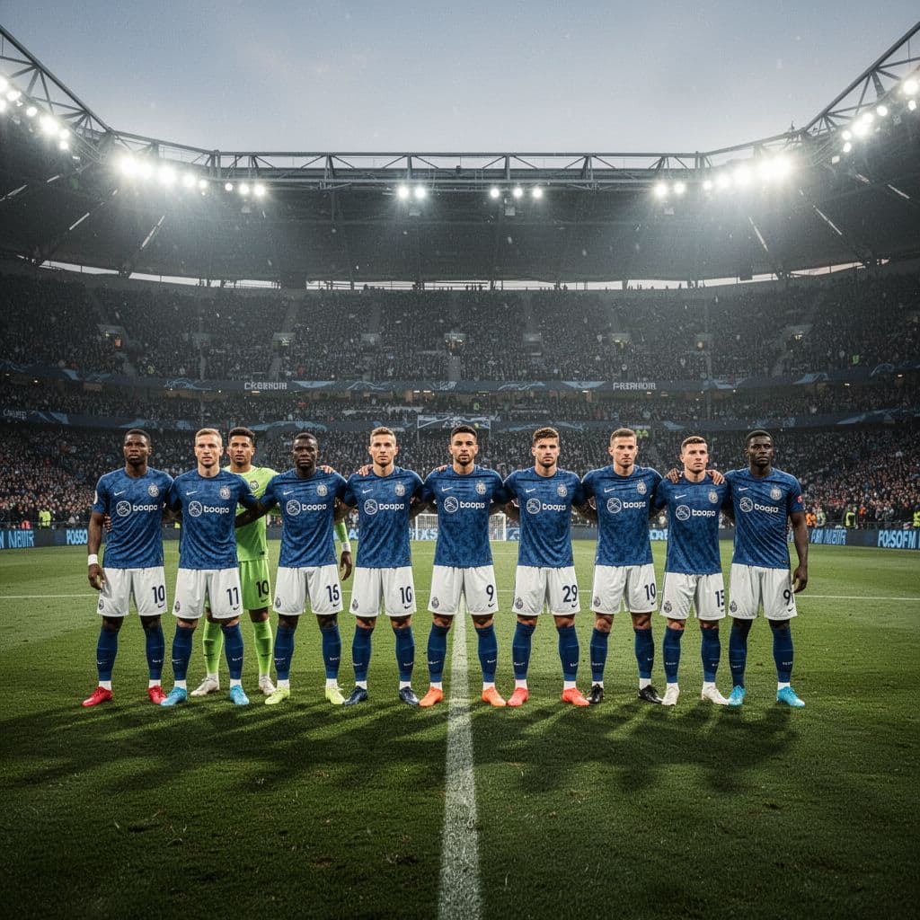 A focused football team stands in a disciplined defensive line on a professional pitch.