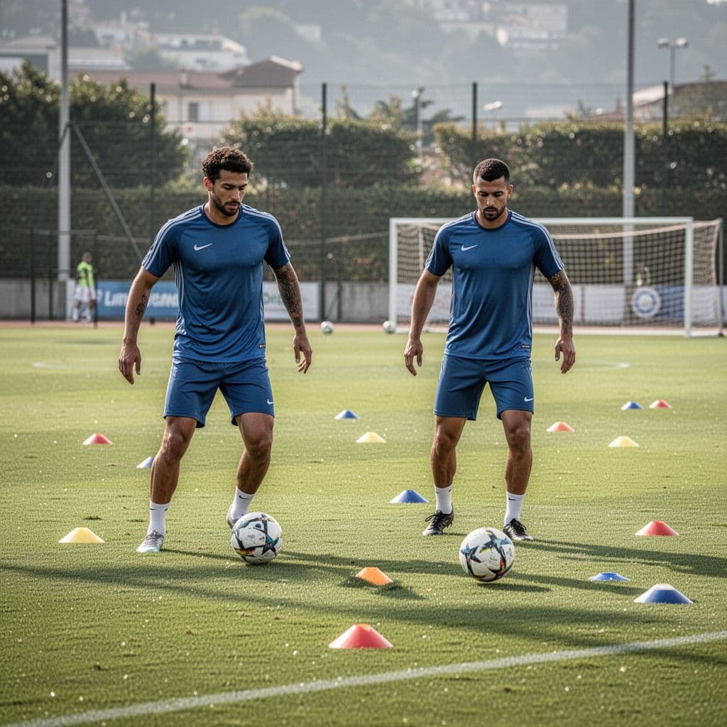 Professional soccer players perform drills on a sunlit grass pitch during a team practice session.