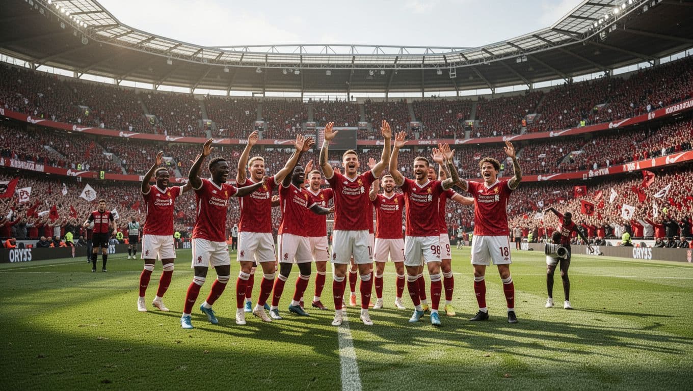 Professional football players in red and white jerseys celebrate a victory on a stadium pitch.