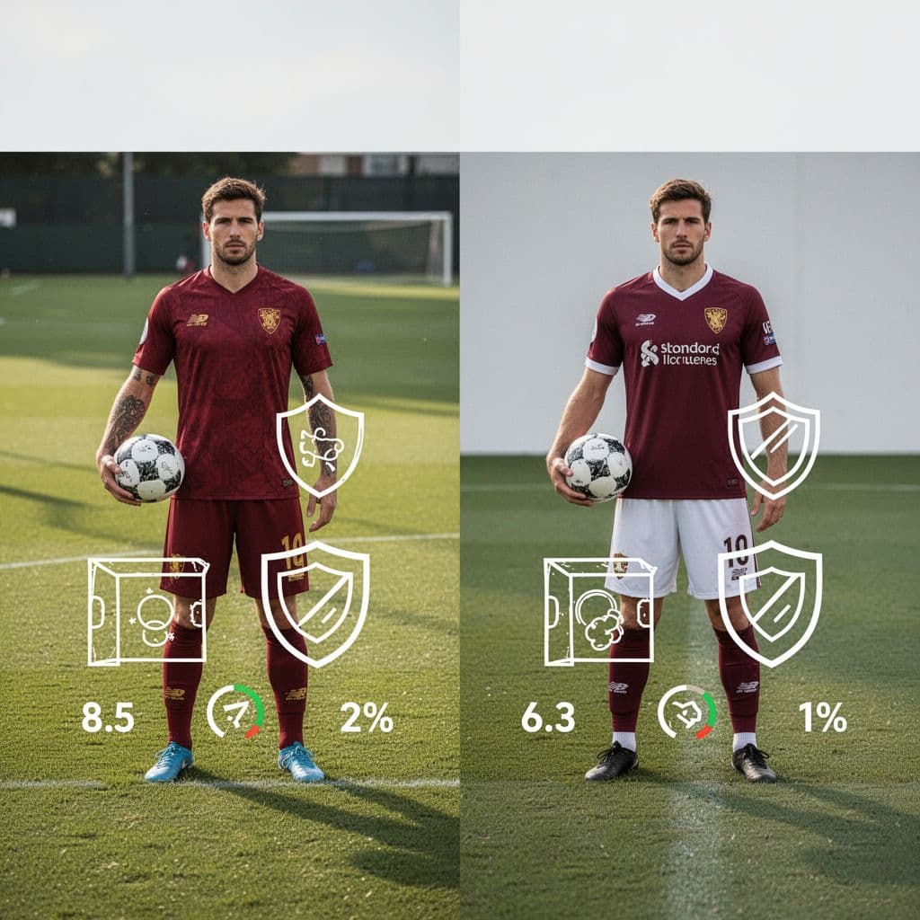 A split-screen infographic compares football team statistics with minimalist icons on a green pitch background.