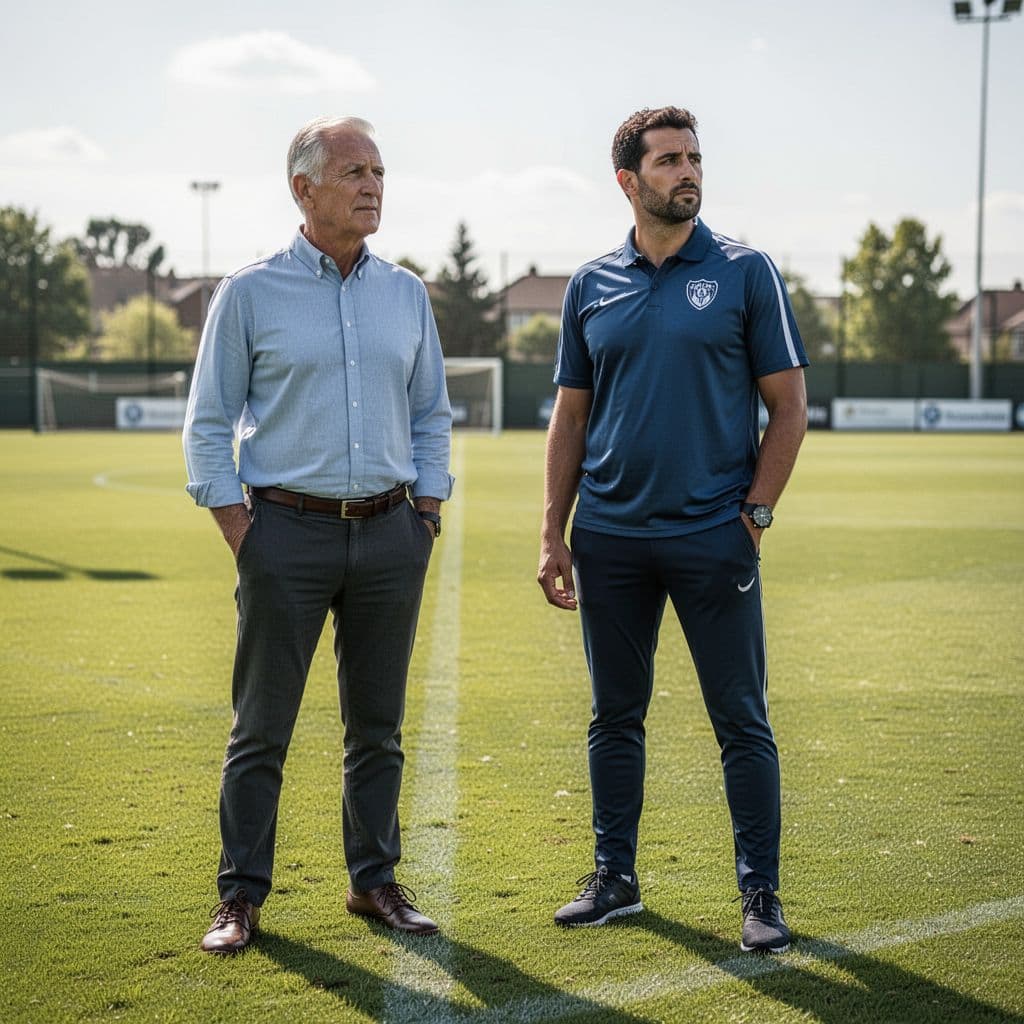 Mikel Arteta and Pep Guardiola stand together on a football pitch in professional training gear.