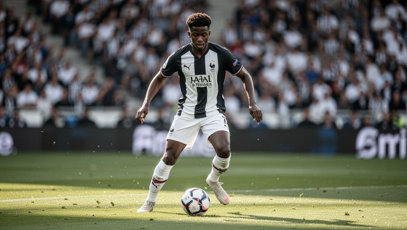 Arthur Atta in black and white Udinese jersey controls ball in midfield at Friuli stadium with blurred crowd background.