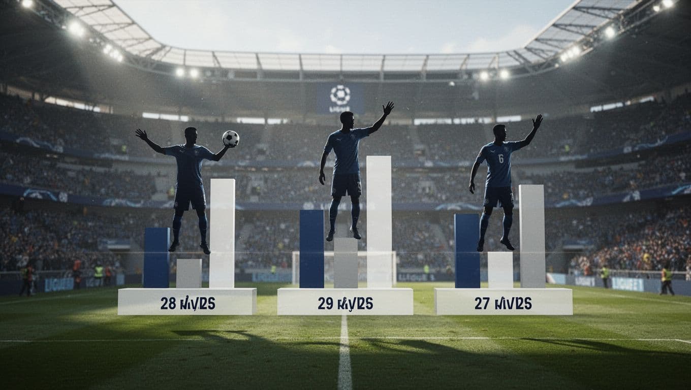 Bar chart shows goals and assists for three AS Monaco players on blurred soccer stadium background.